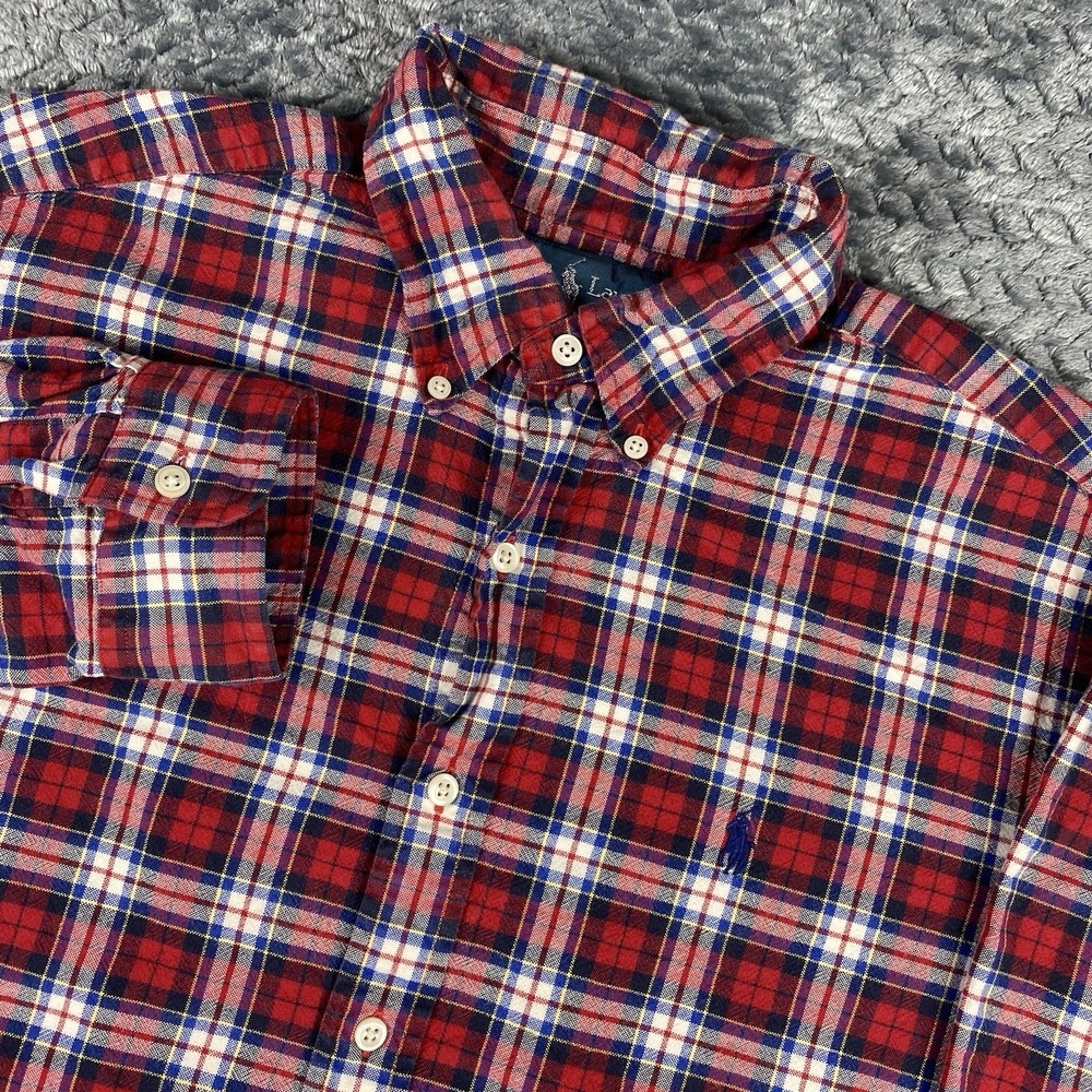 Ralph Lauren Polo Shirt Mens Medium Red Check Plaid Check Button Up Classic Fit